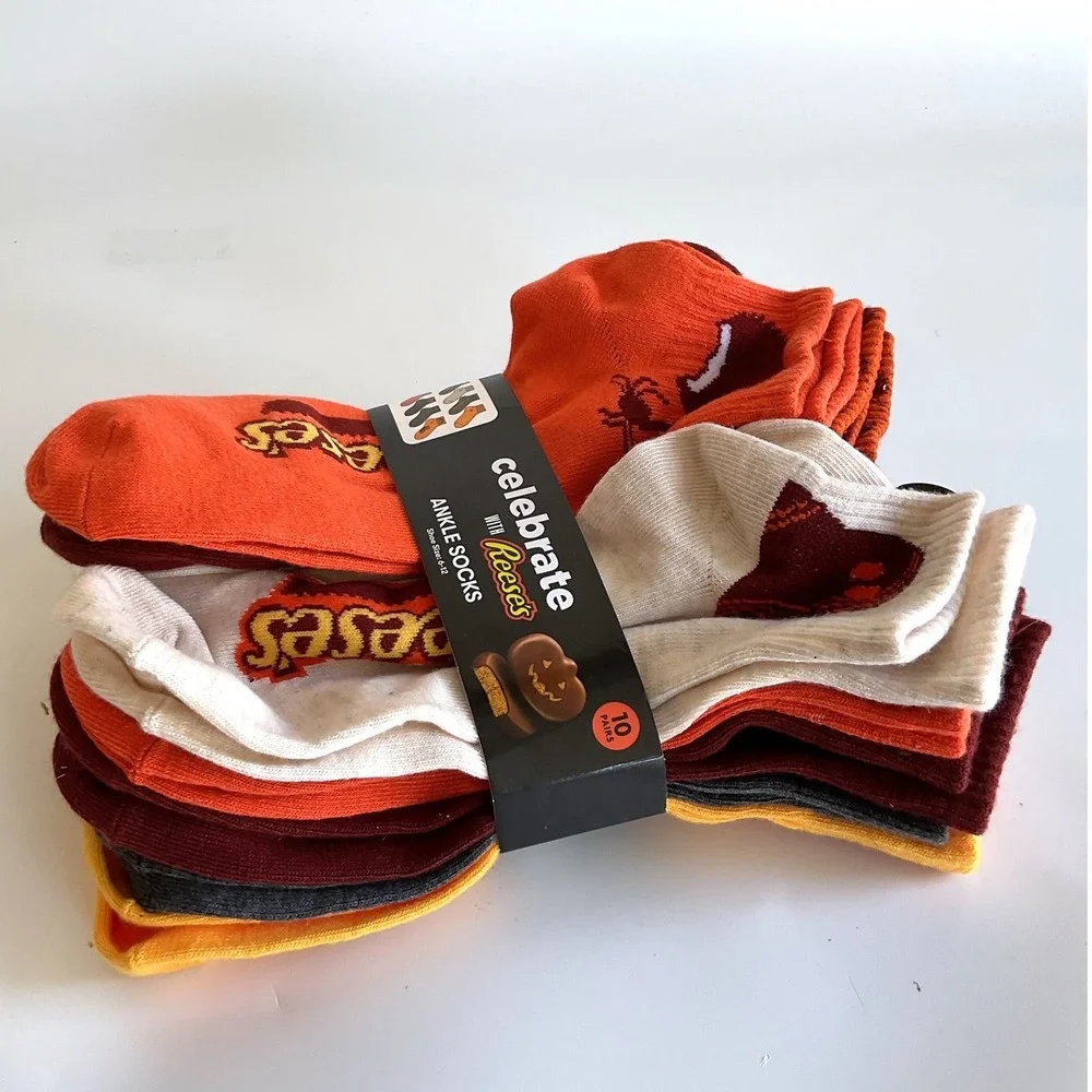 Reese's Halloween Ankle Socks 10 Pair Pack Shoe Size 6-12 Orange Brown Pumpkin